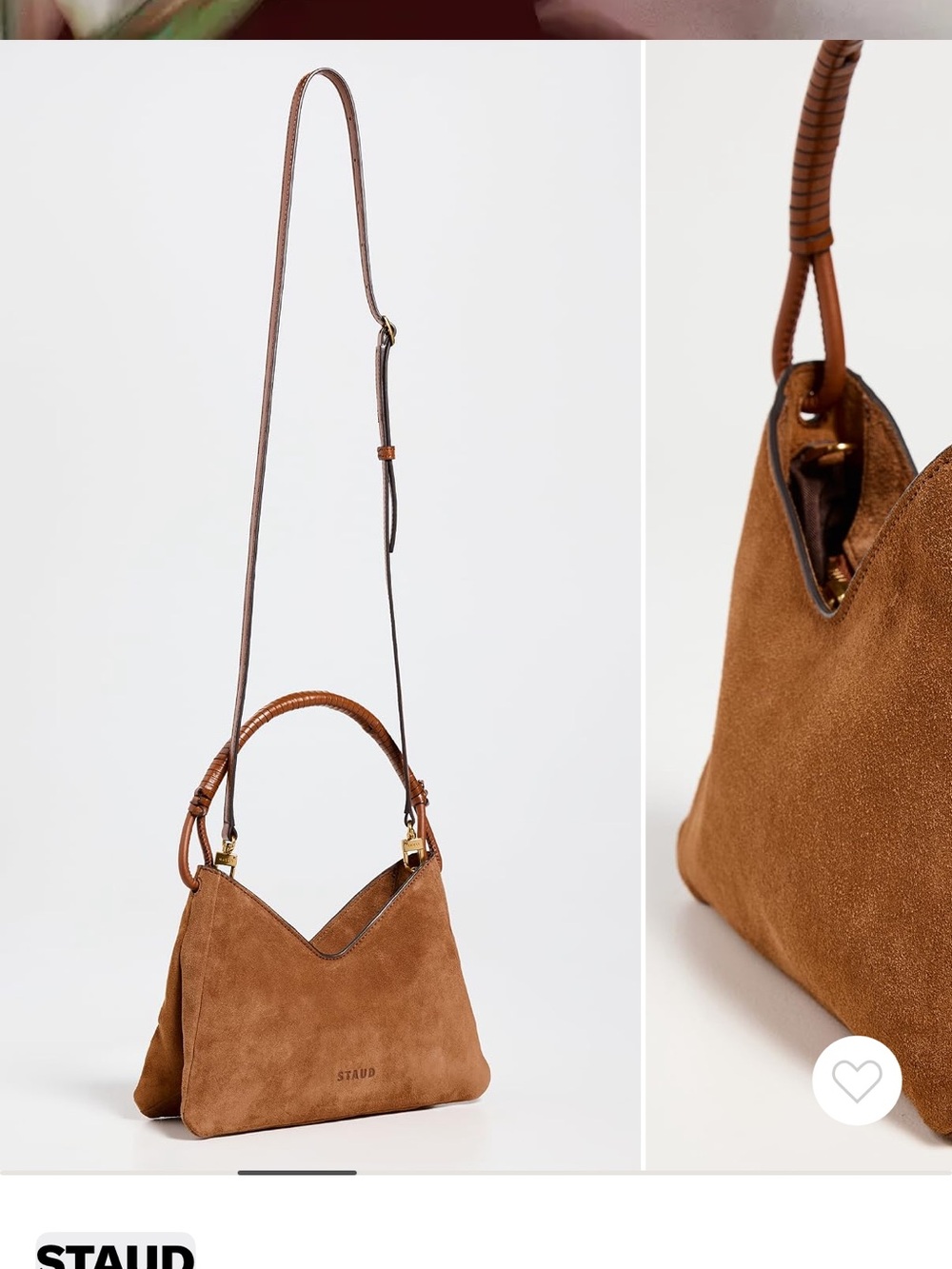 STAUD Brown Suede Shoulder Bag with Top Handle